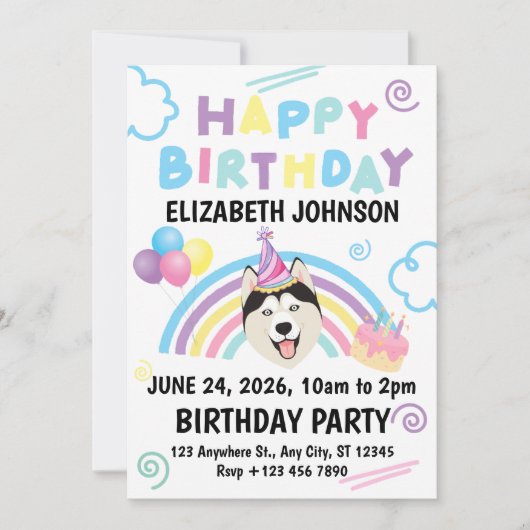 Siberian Husky Birthday Invitation in White (Devant)