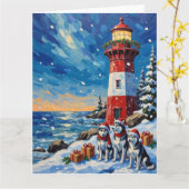 Siberian Husky Christmas Lighthouse Holiday Kaart (Gele Bloem)