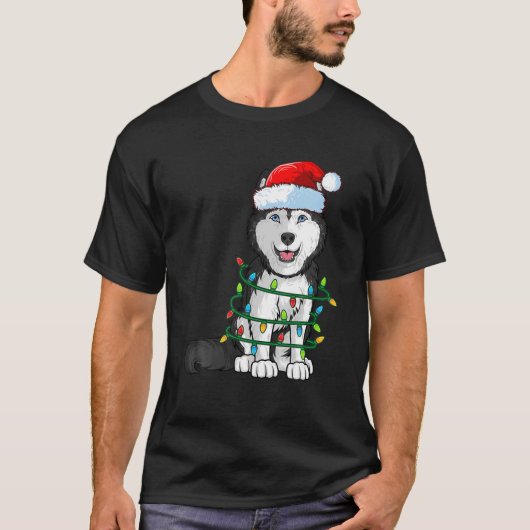Siberian Husky Christmas Santa Hat Xmas Lights Dog T-shirt (Voorkant)