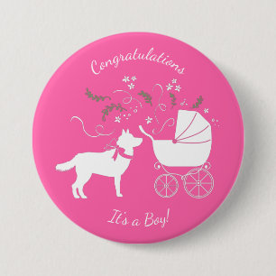 Siberian Husky Dog Baby shower Puppy Pink Girl Ronde Button 7,6 Cm
