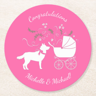 Siberian Husky Dog Baby shower Puppy Pink Girl Ronde Kartonnen Onderzetter