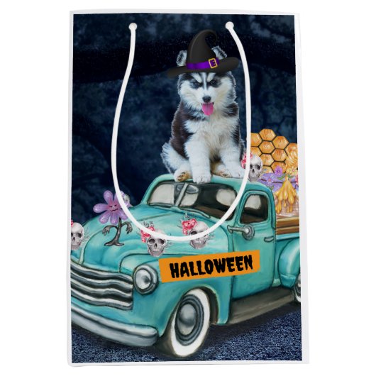 Siberian Husky Dog Halloween Truck Scary Night Medium Cadeauzakje (Voorkant)