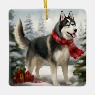 Siberian Husky Dog in sneeuwkerst Keramisch Ornament