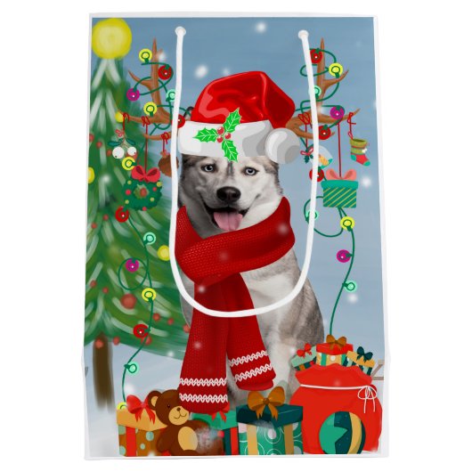 Siberian Husky Dog in sneeuwkerst Medium Cadeauzakje (Achterkant)