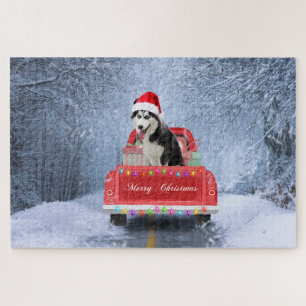 Siberian Husky Dog op sneeuw tijdens de kerstmis Legpuzzel