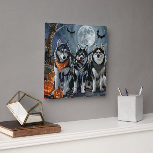 Siberian Husky Halloween Griezelen Vierkante Klok