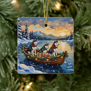 Siberian Husky Kerstboot Vakantie Keramisch Ornament