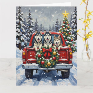 Siberian Husky Kerstmis Rode Truck Winter Kaart