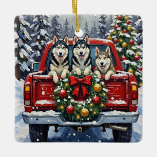 Siberian Husky Kerstmis Rode Truck Winter Keramisch Ornament
