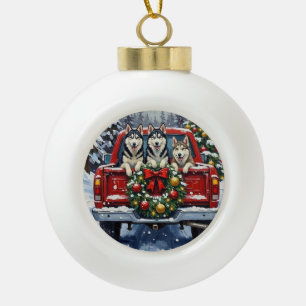 Siberian Husky Kerstmis Rode Truck Winter Keramische Bal Ornament