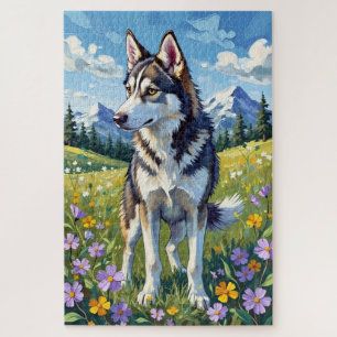 Siberian Husky Lente Bloemenweide Hond Legpuzzel