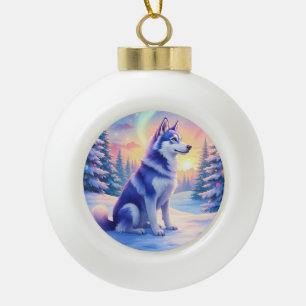 Siberian Husky Noorderlicht Kerstmis Winter Keramische Bal Ornament