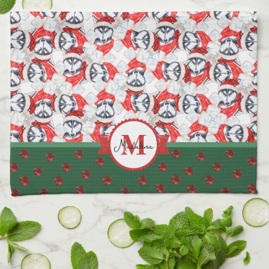 Siberian Husky Pattern Monogram Kerstmis Dog Theedoek (Gevouwen)