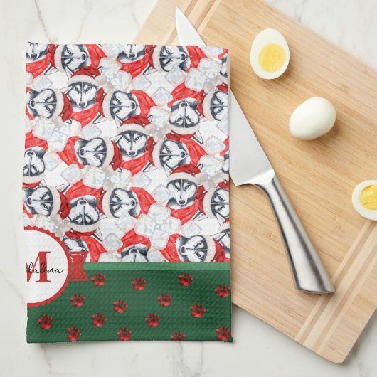 Siberian Husky Pattern Monogram Kerstmis Dog Theedoek (Quarter Fold)