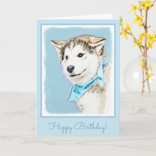 Siberian Husky Puppy Painting - Originele Dog Art Kaart (Gele Bloem)
