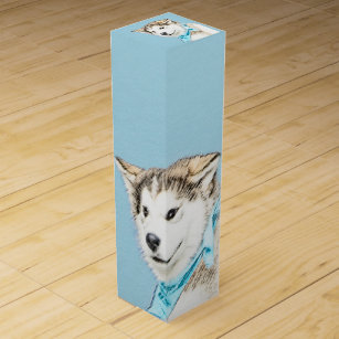 Siberian Husky Puppy Painting - Originele Dog Art Wijn Geschenkdoos