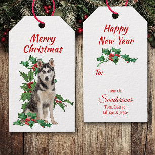 Siberian Husky Red Berry Holly Kerstmis Cadeaulabel