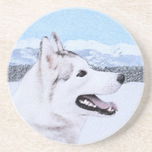 Siberian Husky (Zilver en Wit) Schilderij Hond Kun Zandsteen Onderzetter