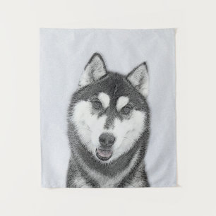 Siberian Husky (Zwart en Wit) Schilderij Honden Ku Wandkleed