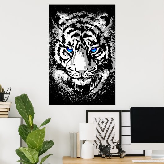 Siberian White Tiger Head - Tiger Poster Blue Eyes (Thuiskantoor)
