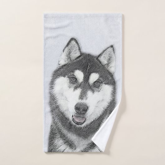 Sibérie Husky (noir et blanc) peint l'art du chien (Serviette à main)
