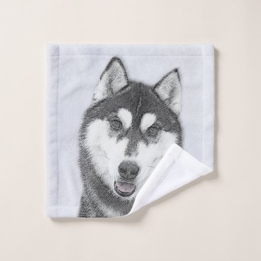 Sibérie Husky (noir et blanc) peint l'art du chien (Gant de toilette)