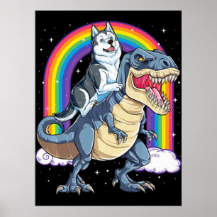 Siberië Husky Riding Dinosaur Rex geeft jongens Poster