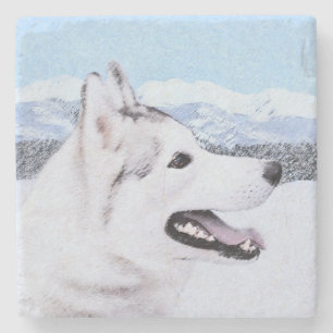 Siberië Husky (zilver en wit) schilderende hond k Stenen Onderzetter