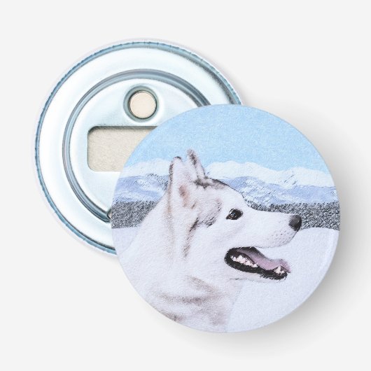 Siberië Husky (zilver en wit) schilderende hond ku Button Flesopener (Voorkant)