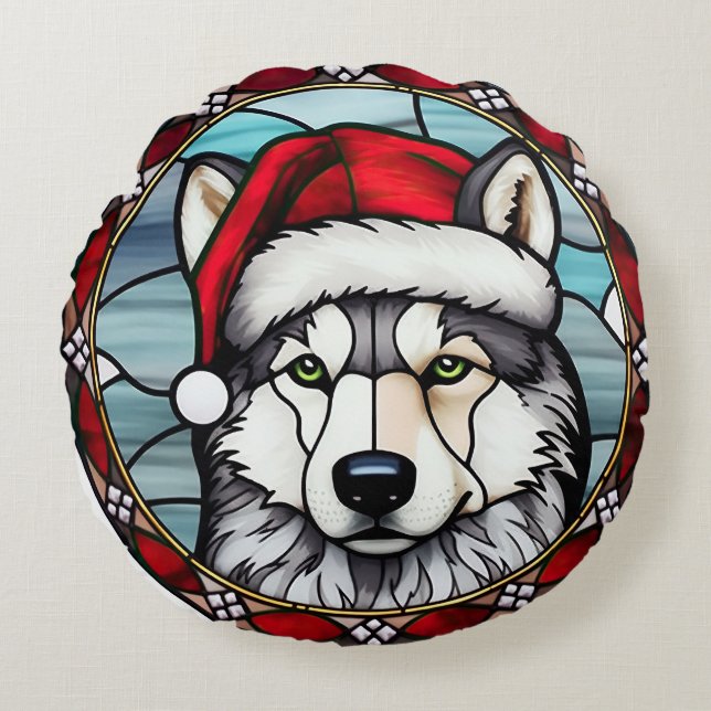 Siberisch Husky Glas in lood Kerst Rond Kussen (Voorkant)