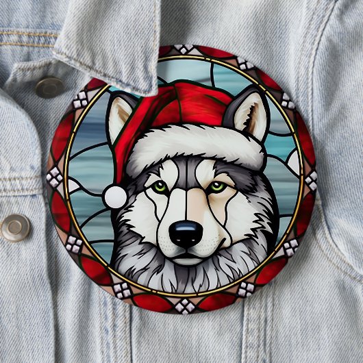 Siberisch Husky Glas in lood Kerst Ronde Button 6,0 Cm (In situ)