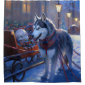 Siberisch Husky Kerstfeest Seizoen Douchegordijn (Voorkant)