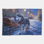 Siberisch Husky Kerstfeest Seizoen Theedoek (Horizontaal)