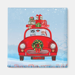 Siberische handige hond in auto met kerstman magneet