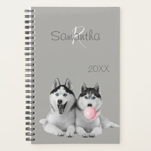 Siberische Husky Bubble Gum Hond Dieren Monogram Planner (Voorkant)