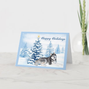 Siberische Husky Christmas Kaart Blue Tree