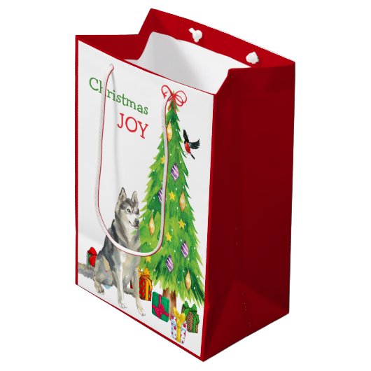 Siberische Husky Dog, Bird en Kerstboom Medium Cadeauzakje (Voorkant Gekanteld)