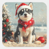 Siberische Husky Dog Christmas Beach Vierkante Sticker (Voorkant)