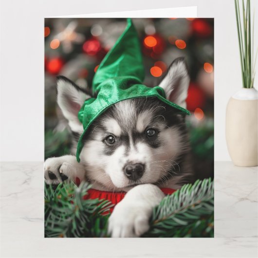 Siberische Husky Elf Puppy Kerst Kaart (Voorkant)