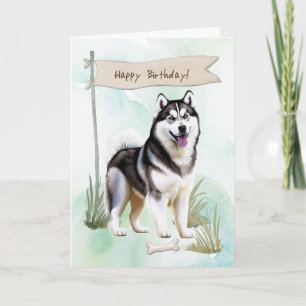 Siberische Husky hond buiten onder verjaardagsbord Kaart