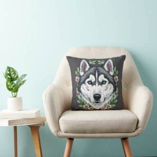 Siberische Husky-hond en berglaurierbloemen Kussen