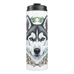 Siberische Husky-hond en berglaurierbloemen Thermosbeker