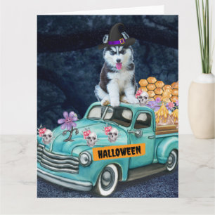 Siberische Husky Hond Halloween Truck Schrik Nacht Kaart