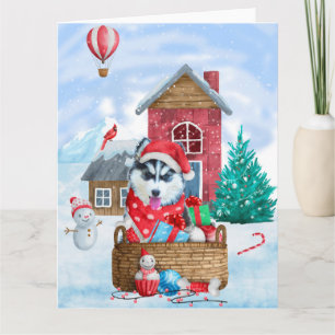 Siberische Husky-hond in sneeuw Kerstmis Hondenhok Kaart