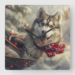 Siberische Husky Hond Kerst Feestelijk Vierkante Klok