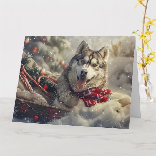 Siberische Husky Hond Kerstfeest Kaart (Gele Bloem)