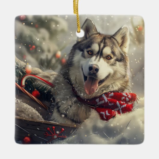Siberische Husky Hond Kerstfeest Keramisch Ornament (Voorkant)