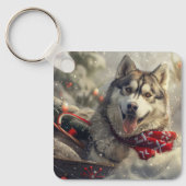 Siberische Husky Hond Kerstfeest Sleutelhanger (Voorkant)