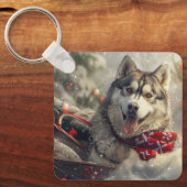 Siberische Husky Hond Kerstfeest Sleutelhanger (Voorkant)