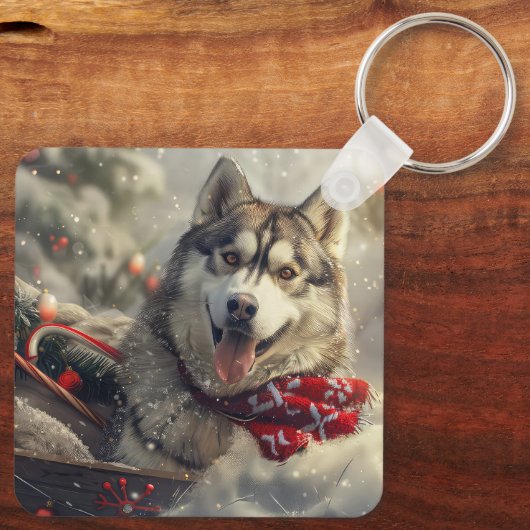 Siberische Husky Hond Kerstfeest Sleutelhanger (Achterkant)